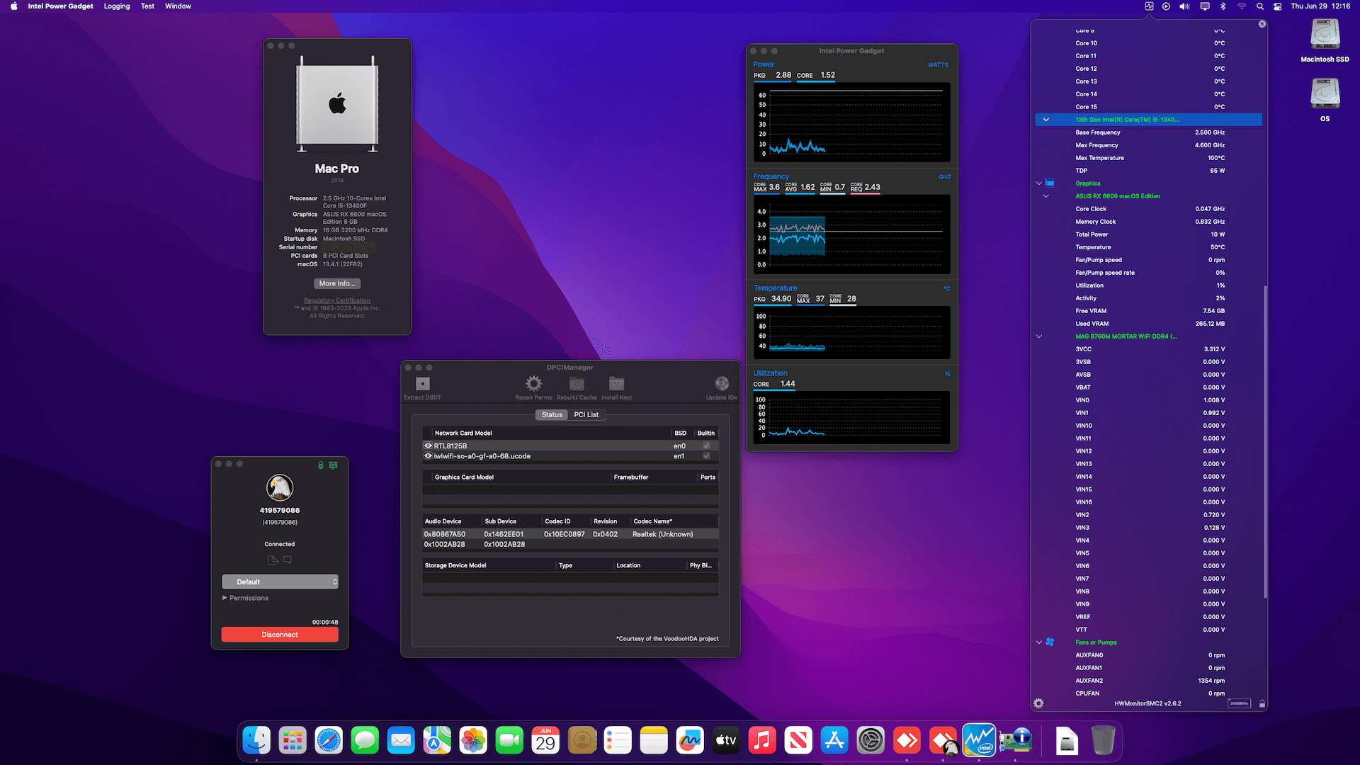 Success Hackintosh macOS Ventura 13.4.1 Build 22F82 in MSI MAG B760M Mortar Wifi DDR4 + Intel Core i5 13400F + Asus RX 6600